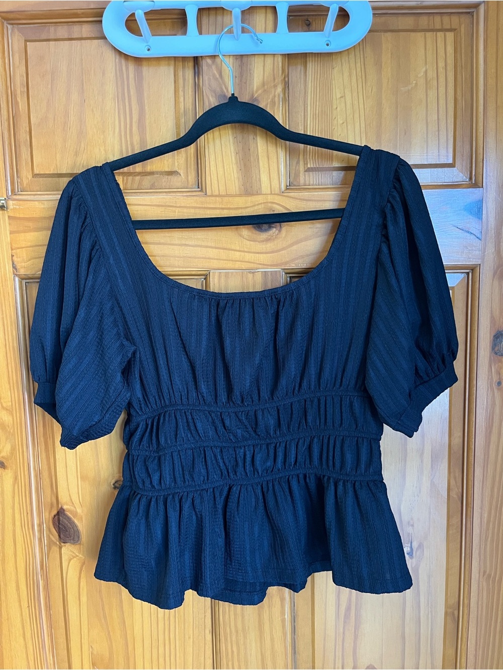 Maeve Anthropologie Black Smocked Peplum Blouse with Puff Sleeves - Picture 2 of 6